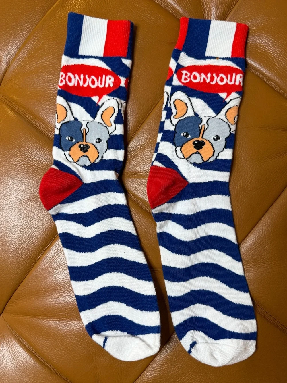 🐶🇫🇷 Bonjour French Bulldog Stripe Dog Socks - Blue, White & Red Unisex Medium